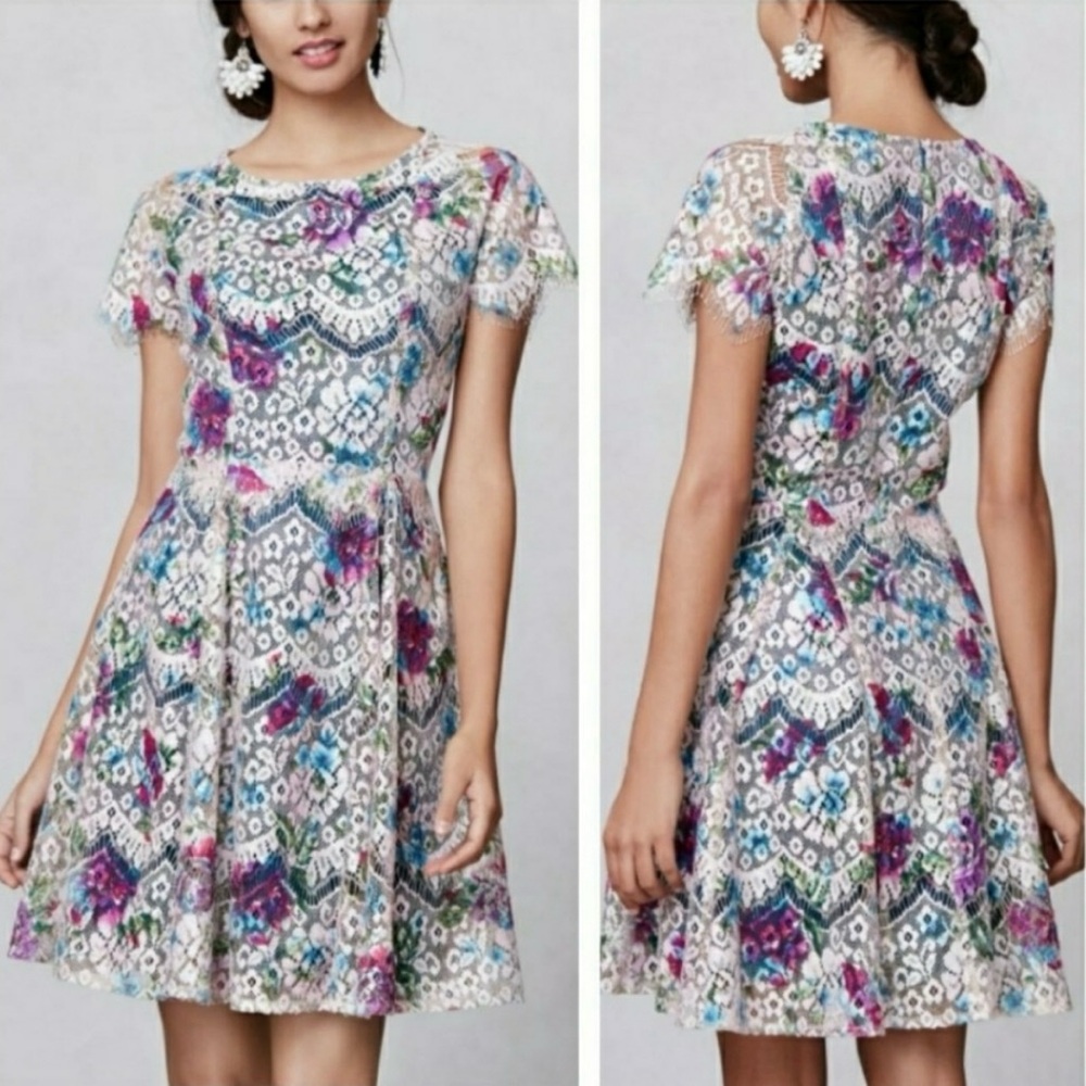 Anthropologie Hunter Dixon Laceprint Flaired Dress Zipper Lined Size 0